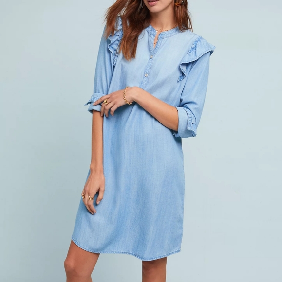 NEW Cloth & Stone Light Denim Blue Ruffled Tencel Shirt Dress S - Picture 1 of 3